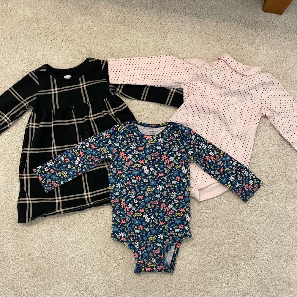 Bundle of baby girl clothes 3 pieces dress onesies polka dot dinosaur plaid
